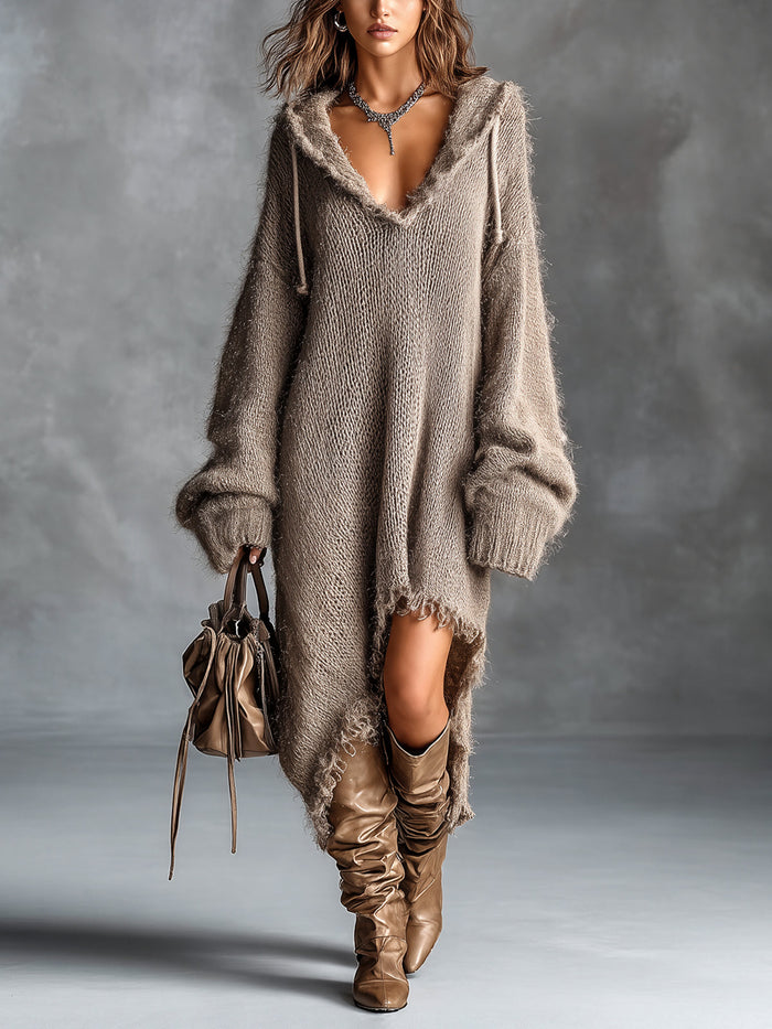 Micaela | Robe Midi en Maille Duveteuse à Capuche