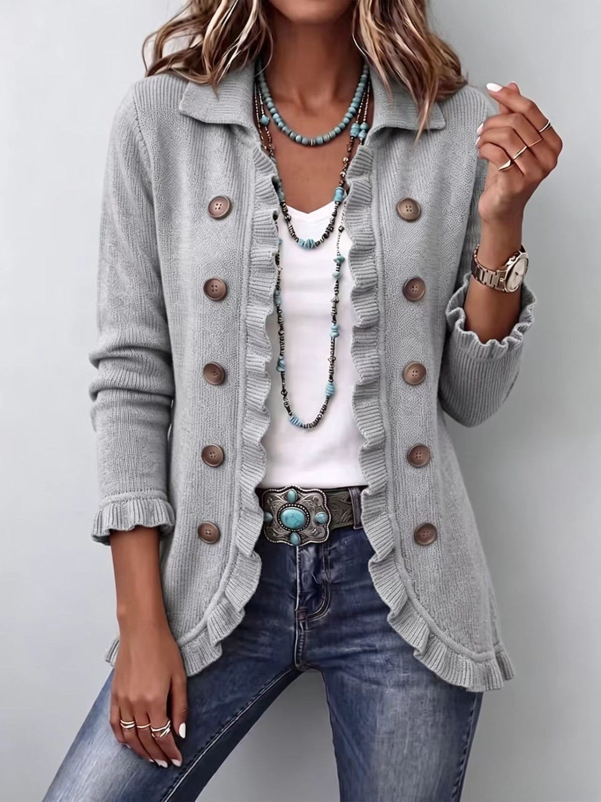 Blanca | Gilet en Maille Gris Chiné à Volants