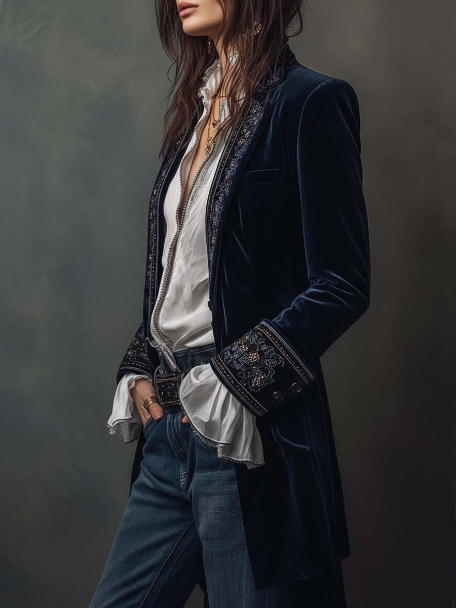 Fernanda | Veste Longue Brodée Vintage Bleu Marine