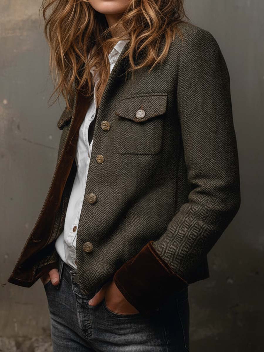 Andrea | Blazer Vintage Chevrons à Liserés Contrastés