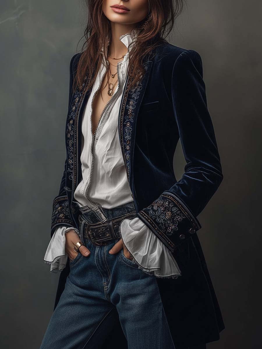 Fernanda | Veste Longue Brodée Vintage Bleu Marine
