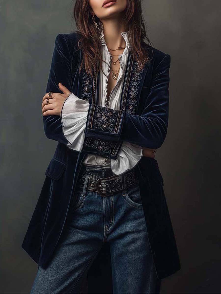 Fernanda | Veste Longue Brodée Vintage Bleu Marine