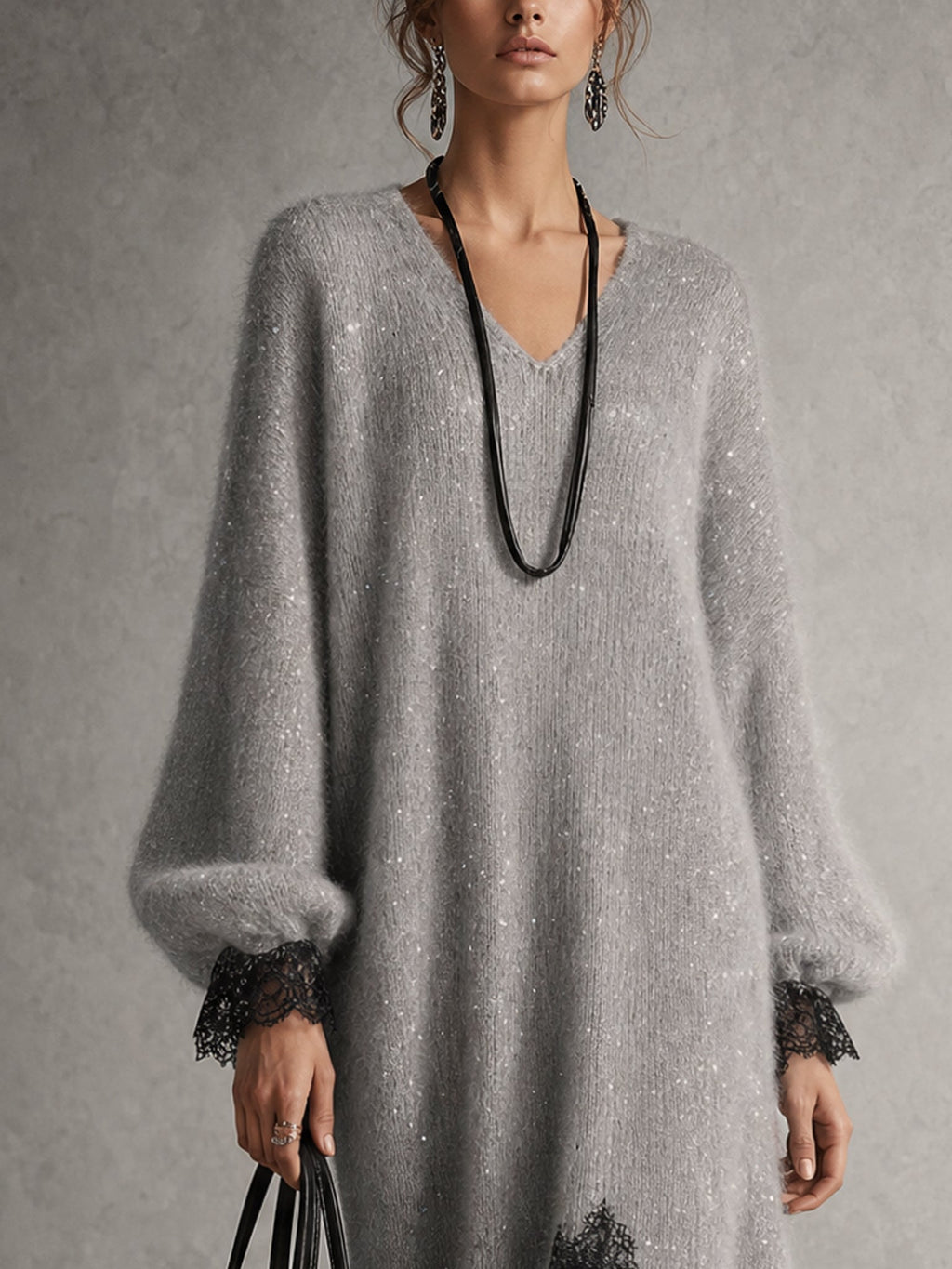 Luz | Robe Midi en Maille Grise Brillante à Ourlet en Dentelle