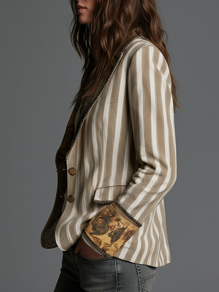 Fabiola | Blazer Bohème Rayé à Col Imprimé