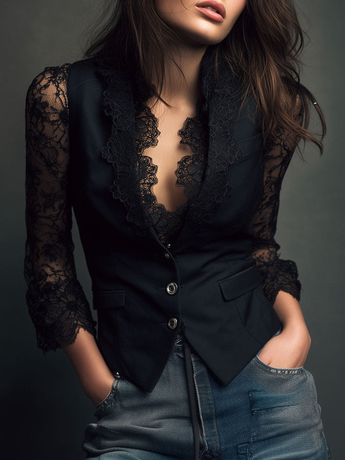 Graciela | Blazer Noir à Manches Semi-Transparentes