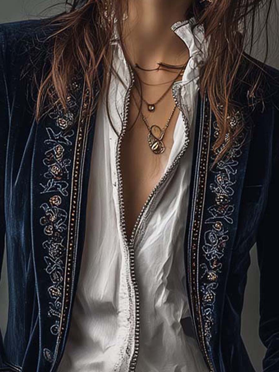 Fernanda | Veste Longue Brodée Vintage Bleu Marine