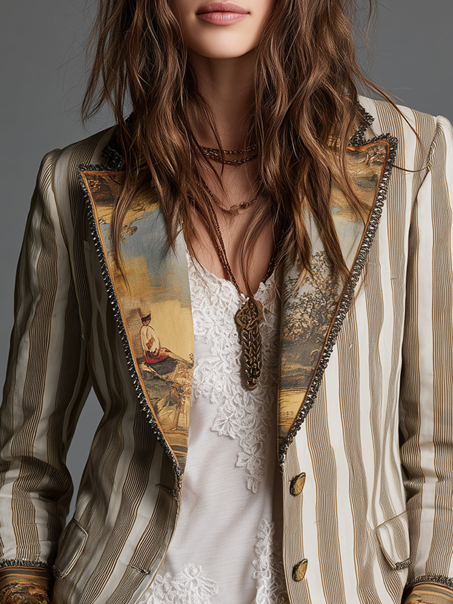 Fabiola | Blazer Bohème Rayé à Col Imprimé