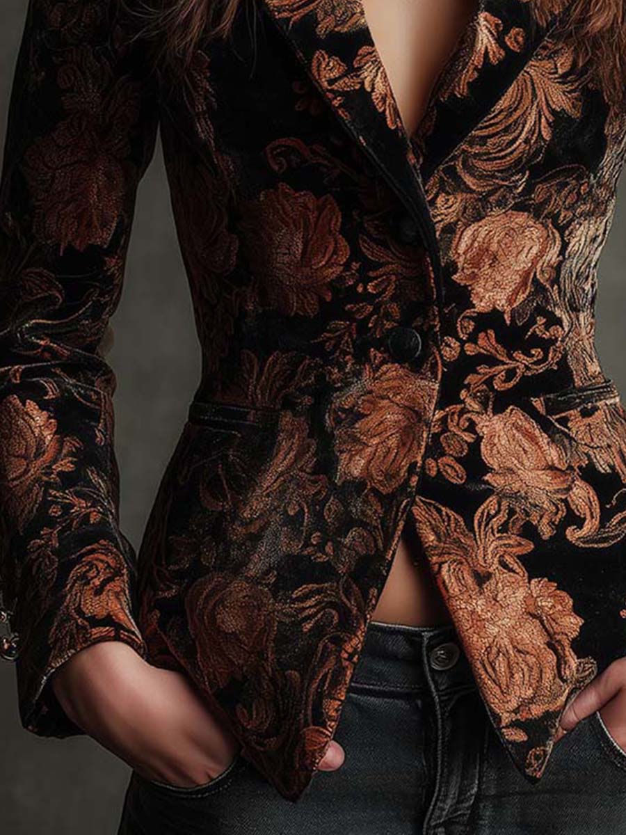 Florencia | Blazer Tailleur Imprimé Floral Noir et Bronze