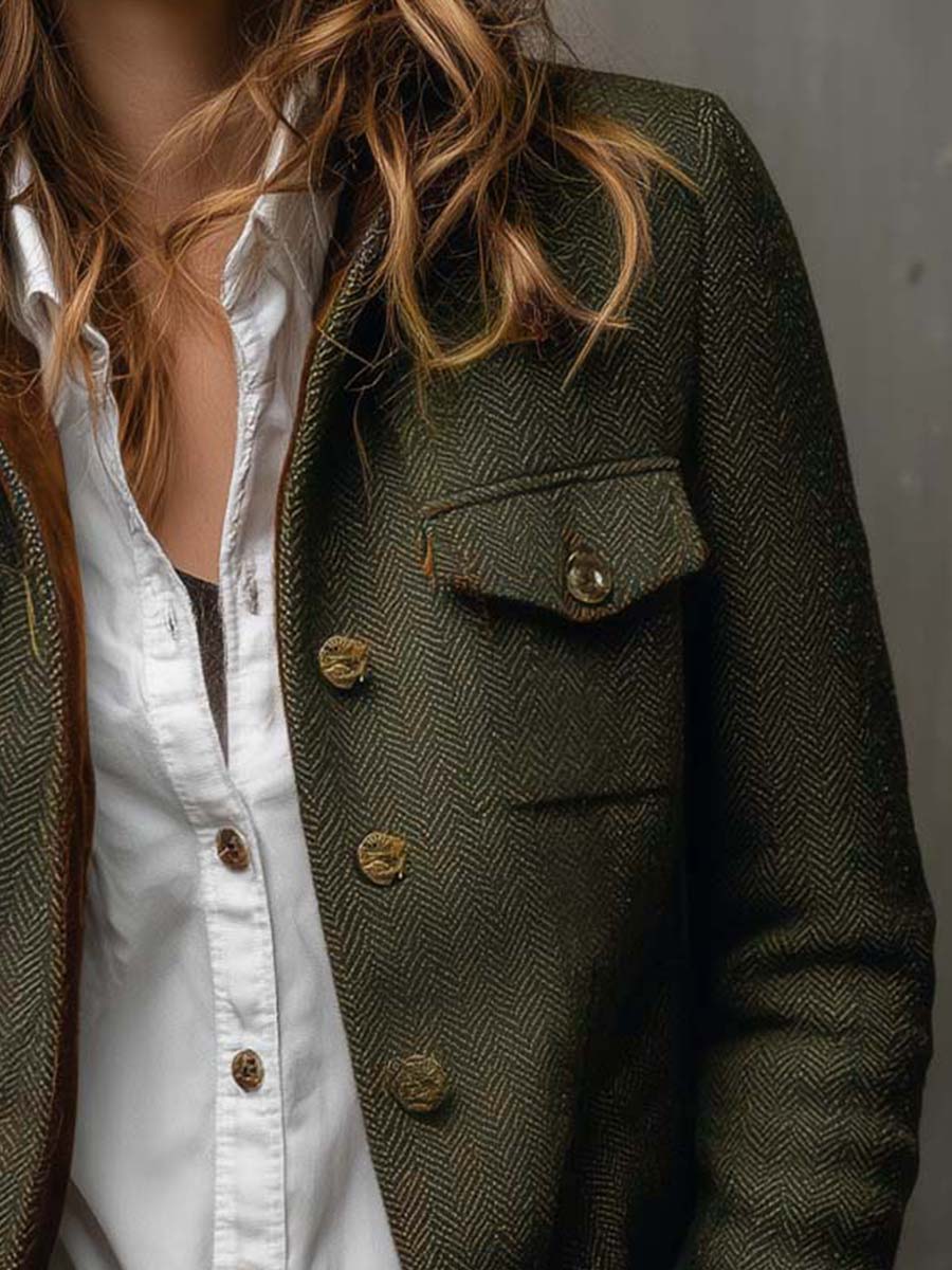 Andrea | Blazer Vintage Chevrons à Liserés Contrastés