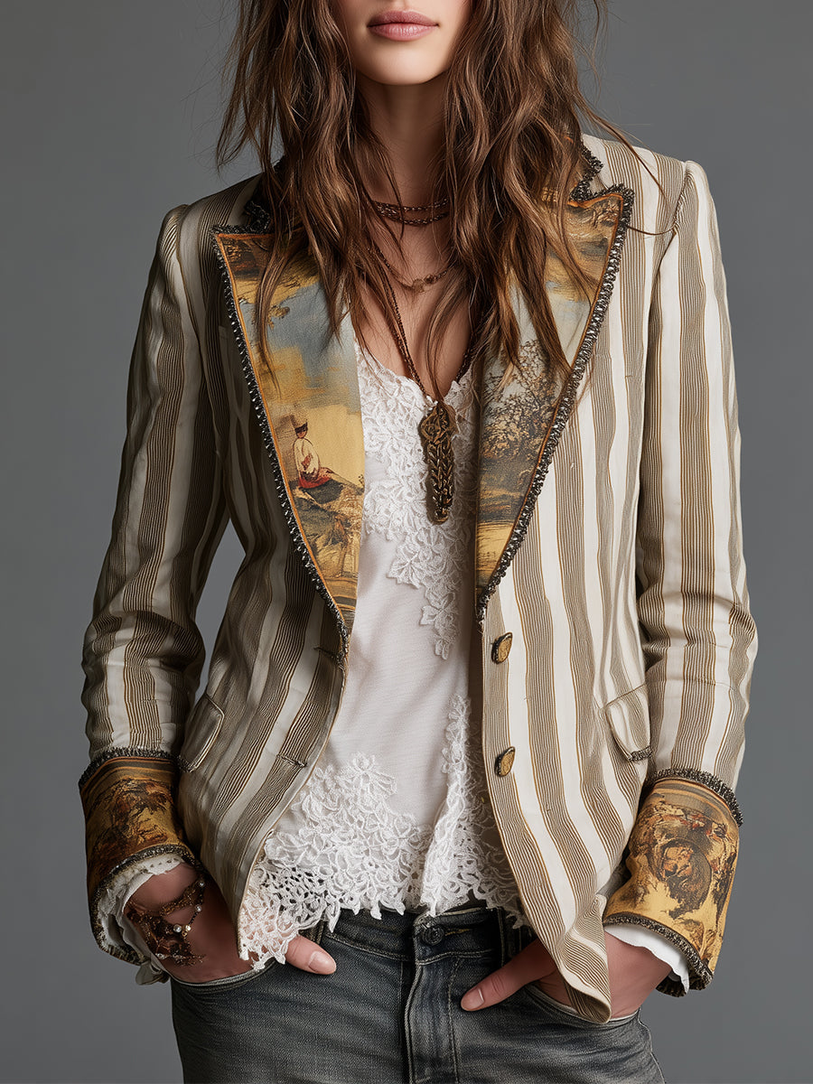 Fabiola | Blazer Bohème Rayé à Col Imprimé