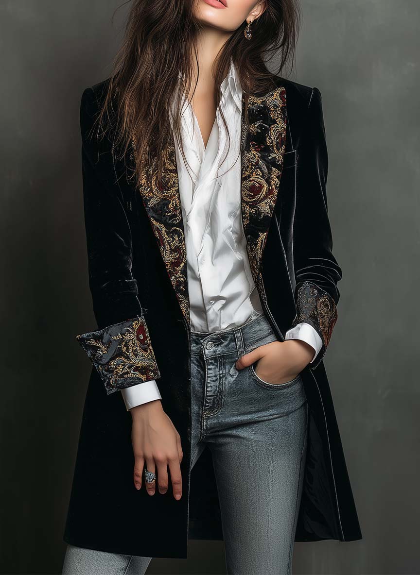 Dulce | Blazer Ajusté Imprimé Baroque Noir
