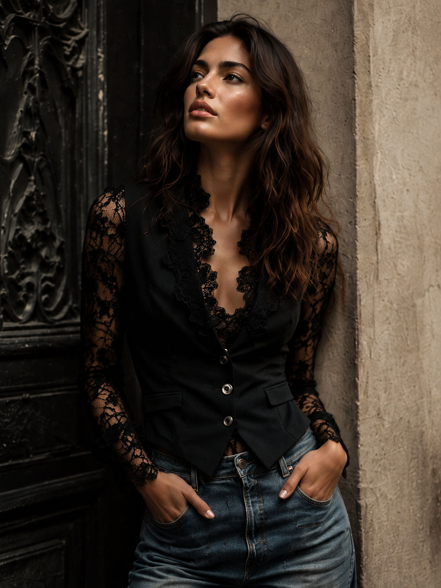 Graciela | Blazer Noir à Manches Semi-Transparentes