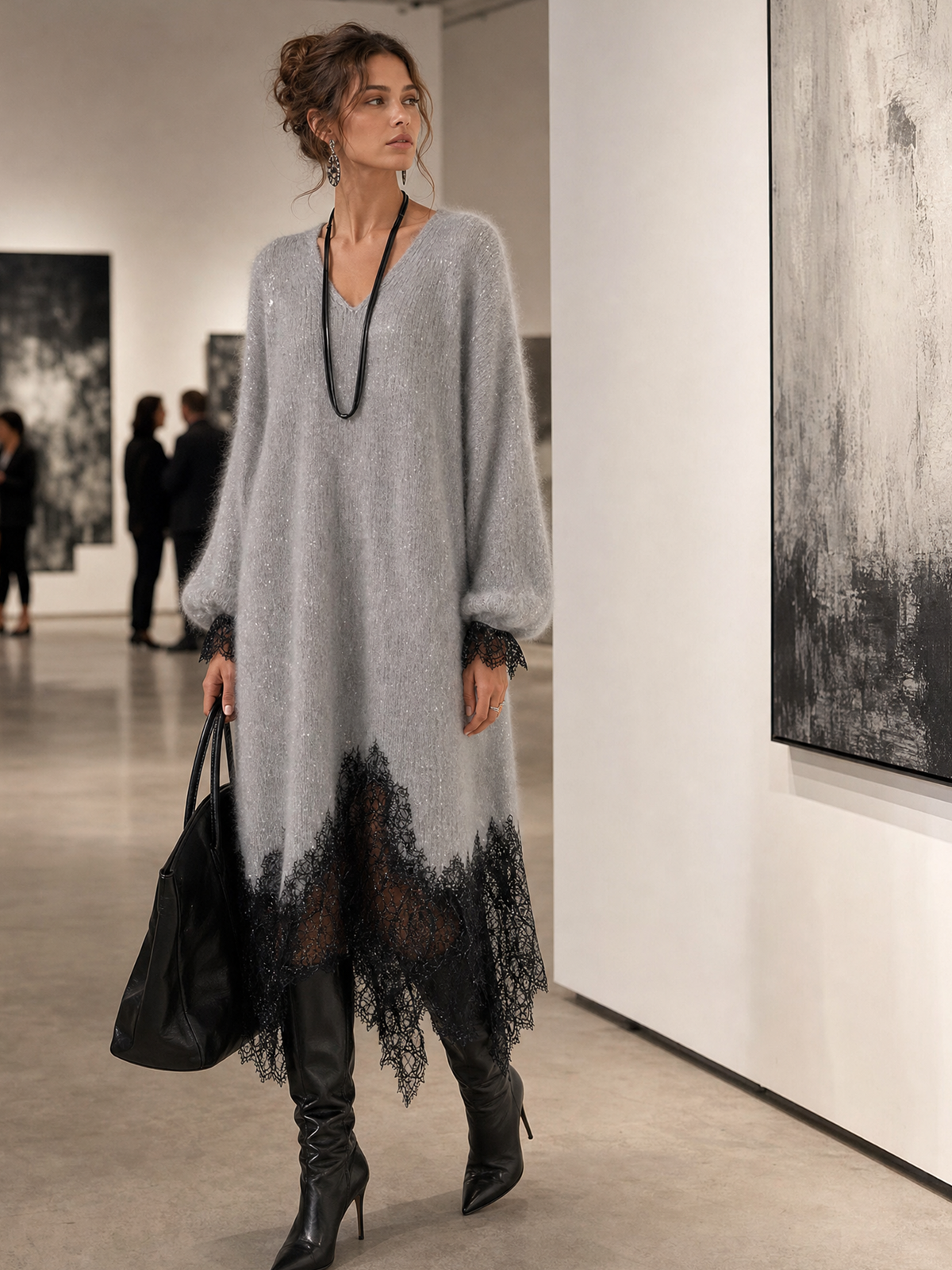 Luz | Robe Midi en Maille Grise Brillante à Ourlet en Dentelle