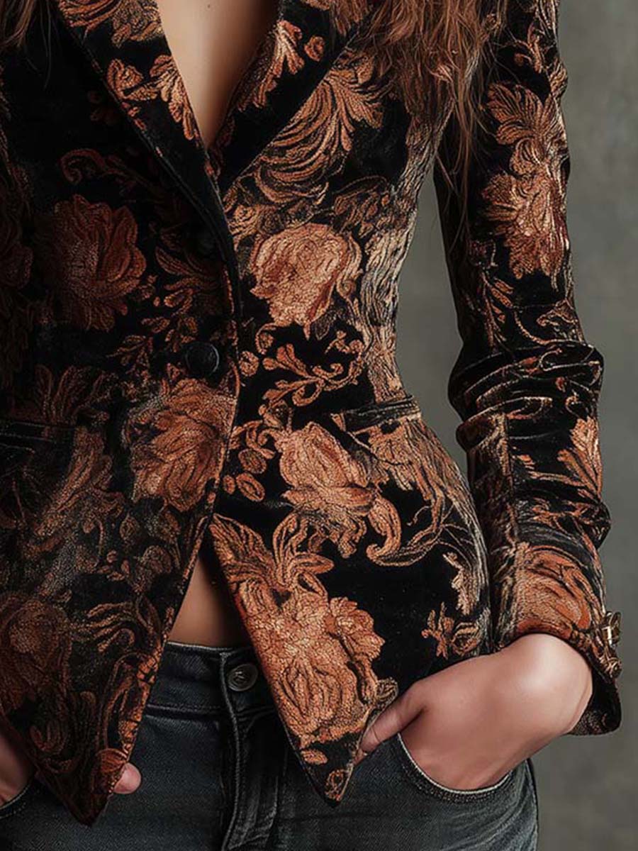 Florencia | Blazer Tailleur Imprimé Floral Noir et Bronze
