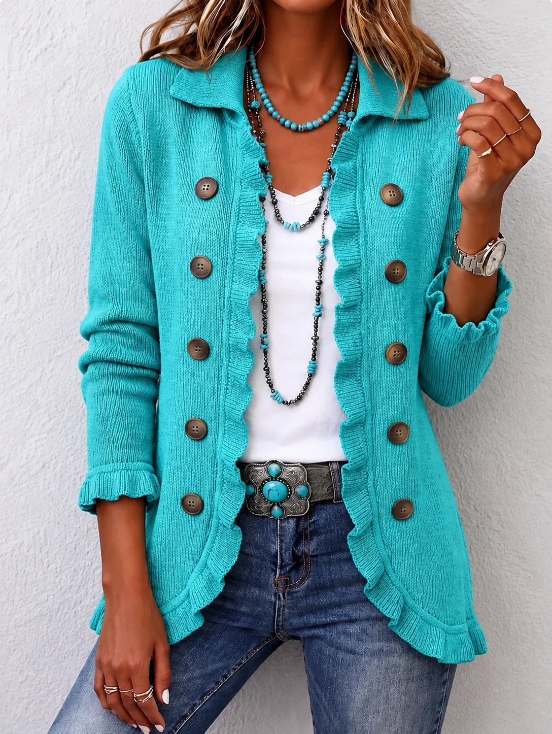 Esther | Gilet en Maille Turquoise à Volants