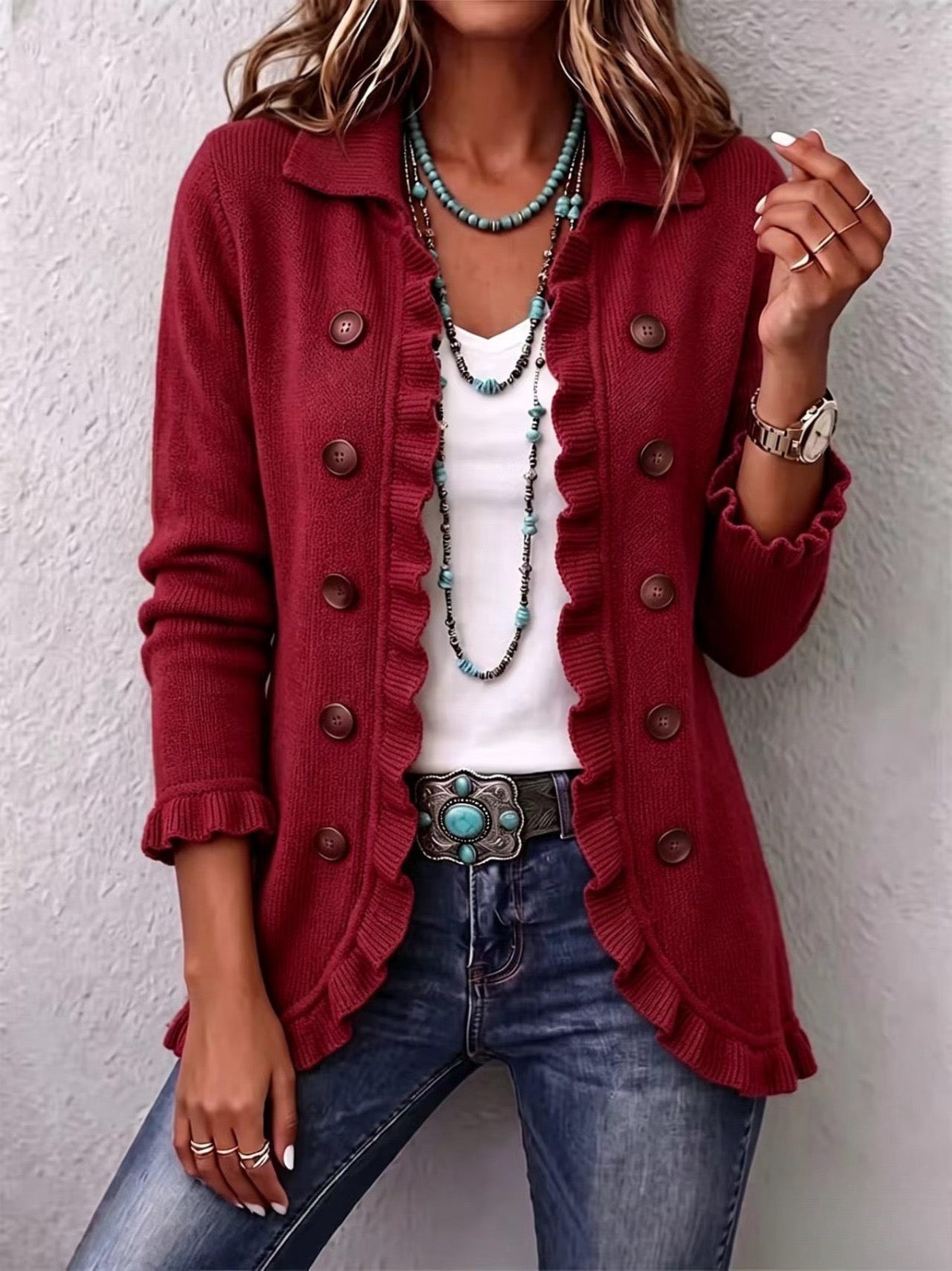 Ángela | Gilet en Maille Rouge Rubis à Volants