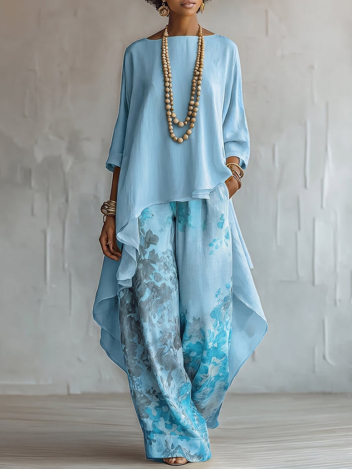 Ensemble Deux Pièces Fluide Top Asymétrique Pantalon Imprimé
