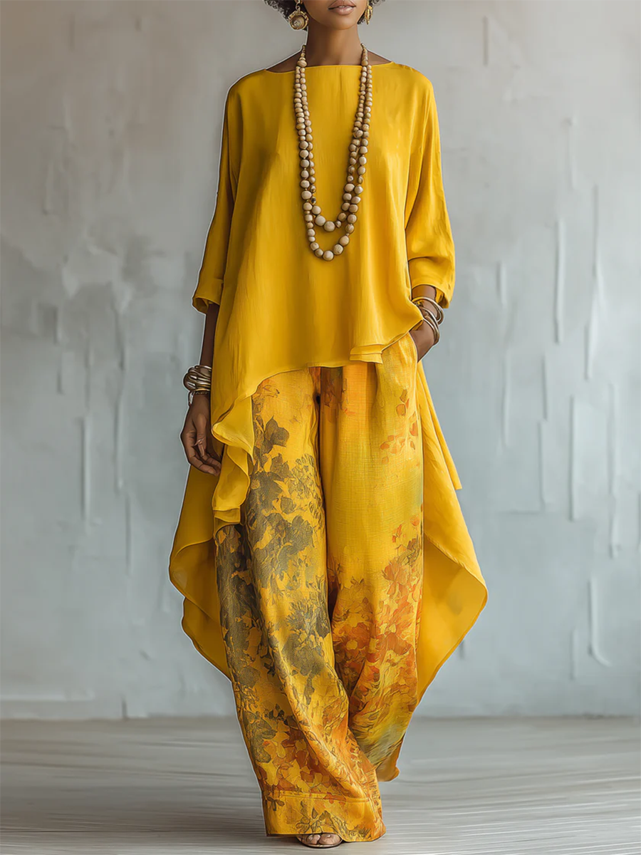Ensemble Deux Pièces Fluide Top Asymétrique Pantalon Imprimé