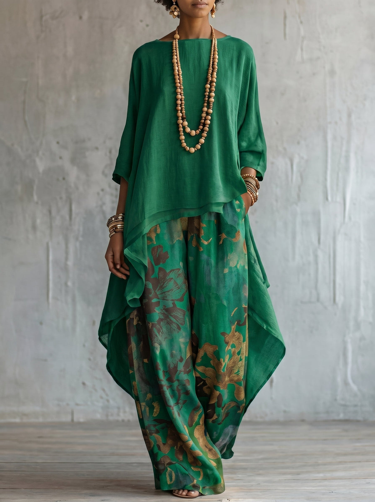 Ensemble Deux Pièces Fluide Top Asymétrique Pantalon Imprimé
