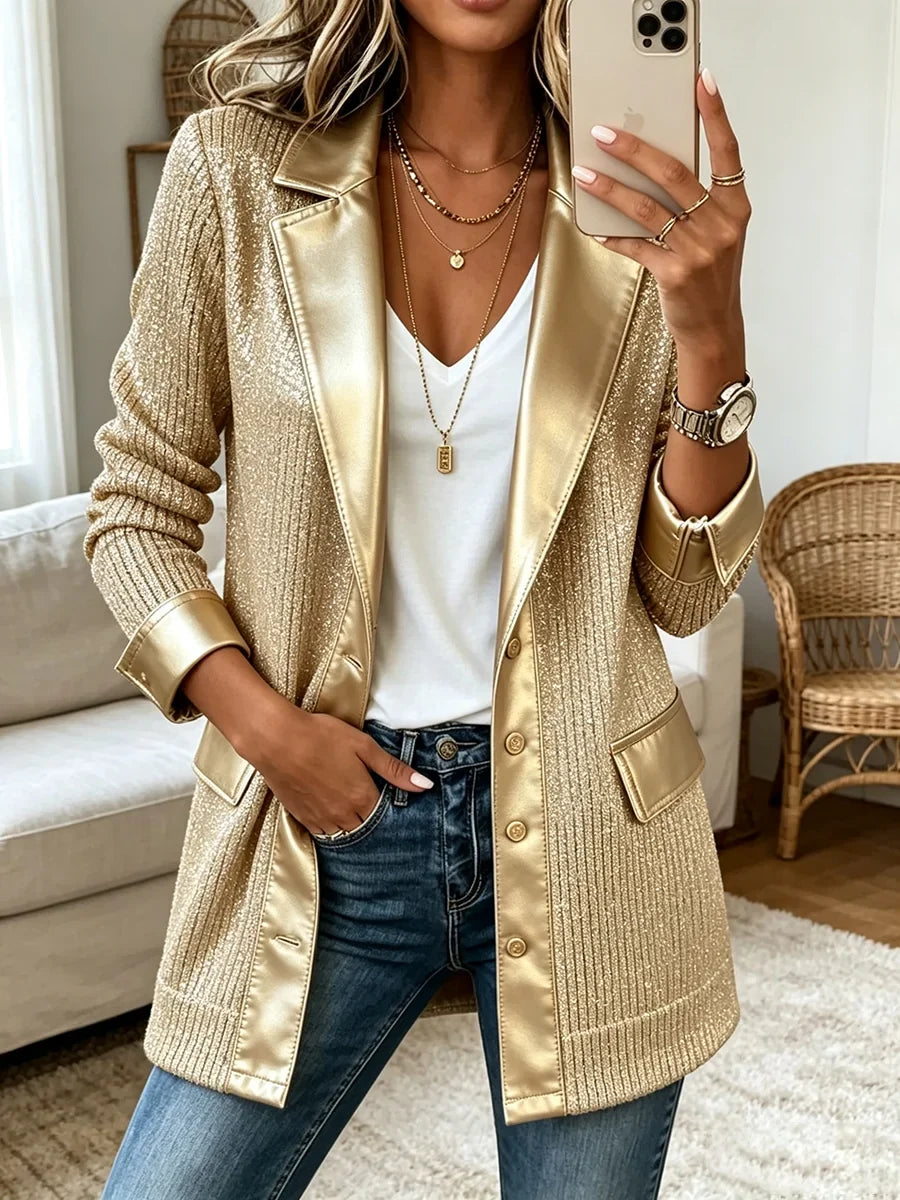 Daniela | Blazer en Maille Dorée à Liserés en Simili Cuir