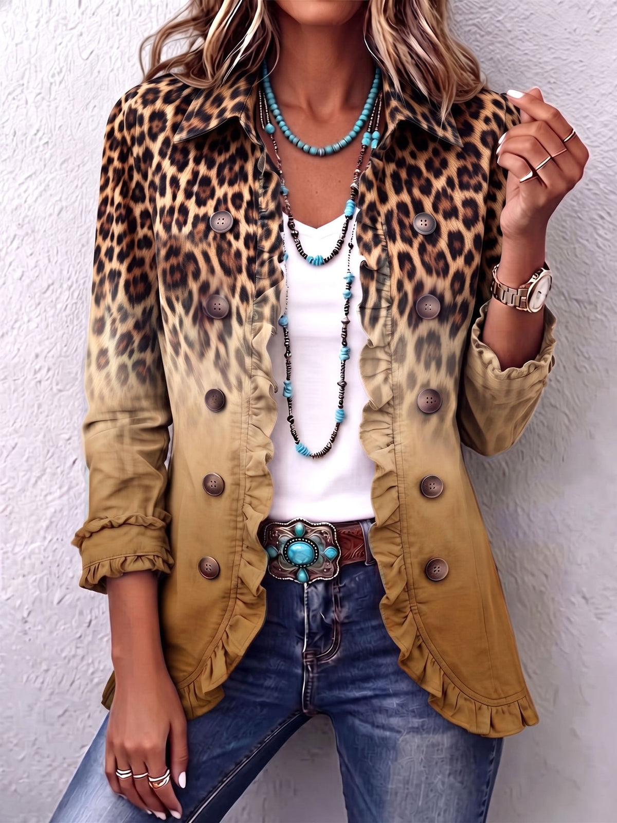 Bárbara | Veste Blazer Léopard Ocre à Volants