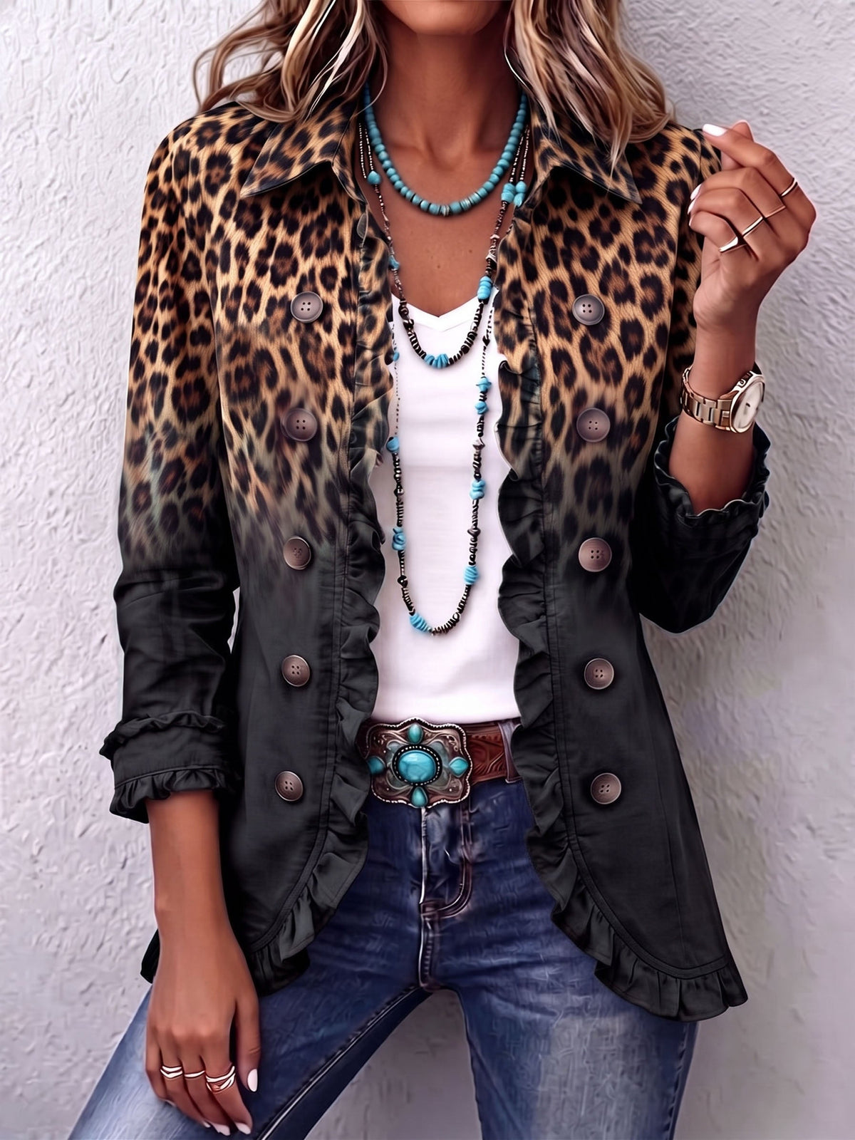 Antonia | Veste Blazer Léopard Noir à Volants