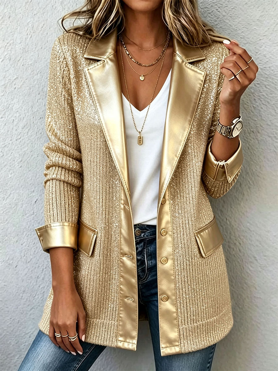 Daniela | Blazer en Maille Dorée à Liserés en Simili Cuir
