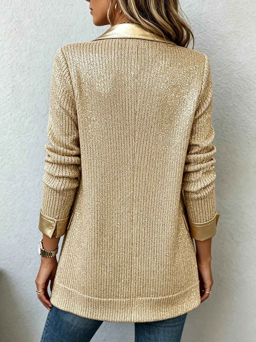 Daniela | Blazer en Maille Dorée à Liserés en Simili Cuir