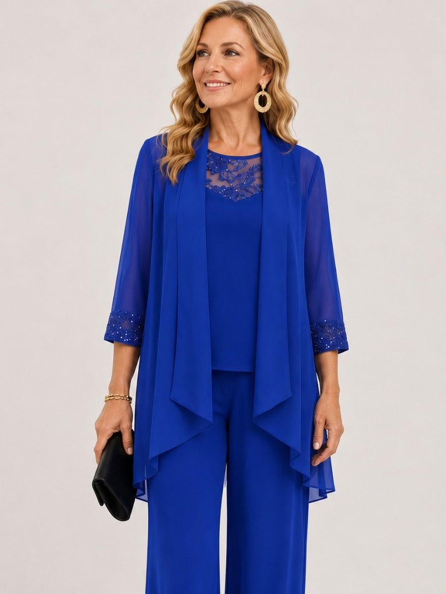 Prisca | Completo Tre Pezzi con Giacca in Chiffon e Pantaloni a Gamba Larga