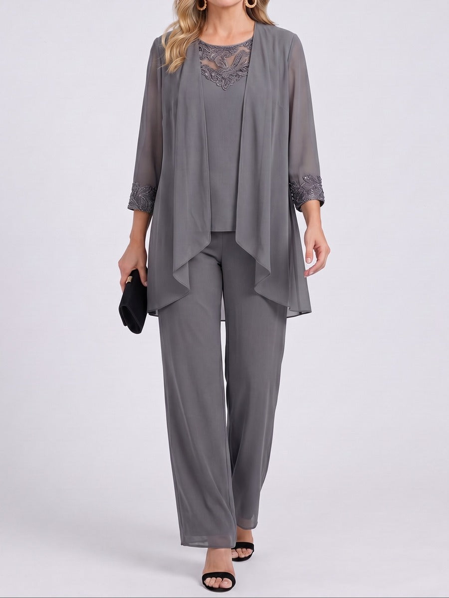 Prisca | Completo Tre Pezzi con Giacca in Chiffon e Pantaloni a Gamba Larga