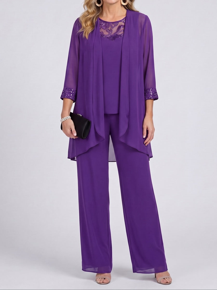 Prisca | Completo Tre Pezzi con Giacca in Chiffon e Pantaloni a Gamba Larga