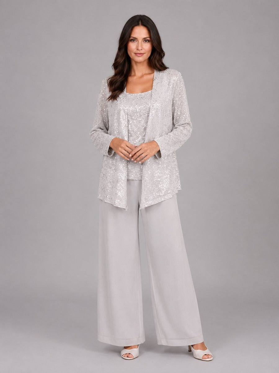 Zelinda | Completo Tre Pezzi con Giacca Aperta in Paillettes, Top e Pantaloni a Gamba Larga